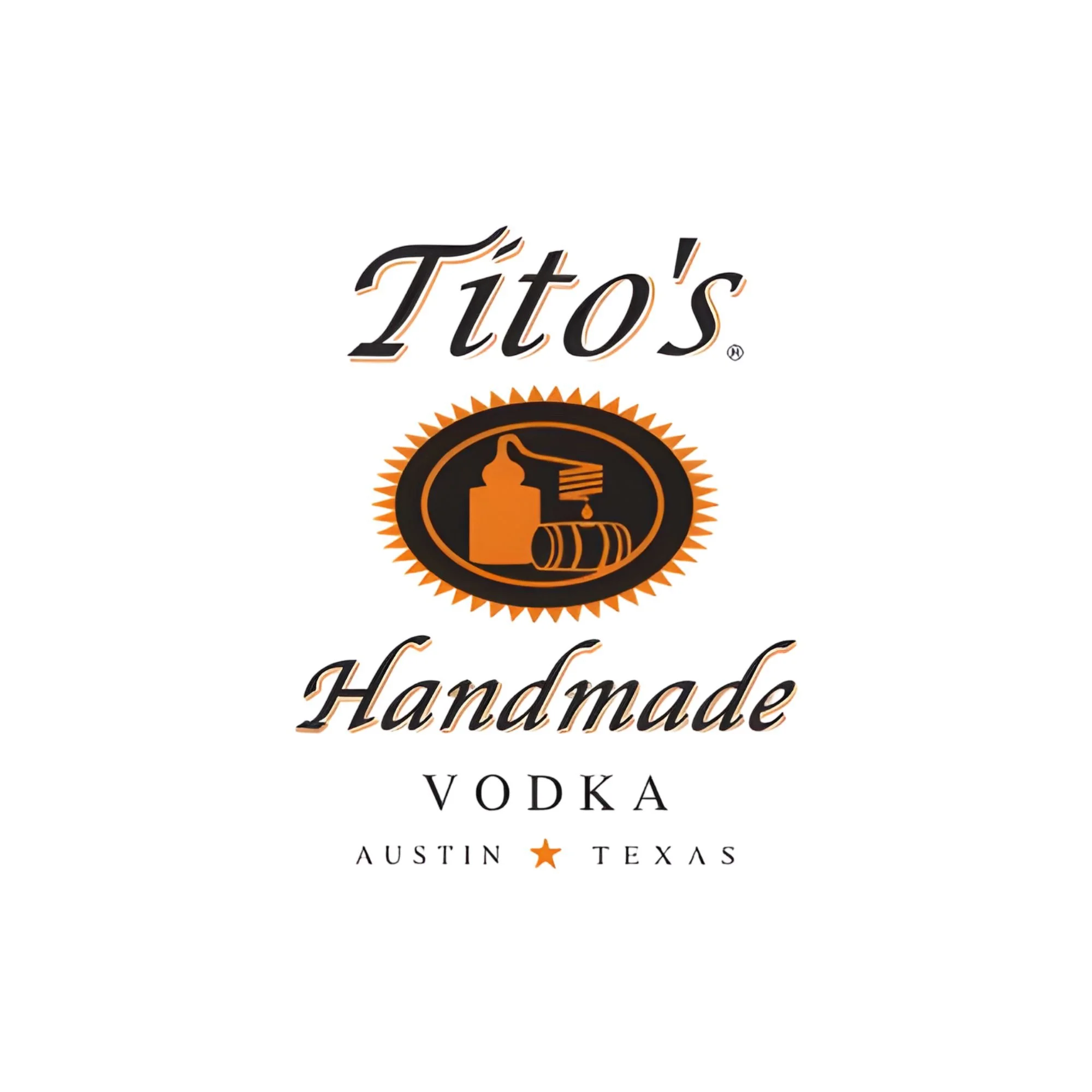 Tito's Handmade Vodka logo with an orange and black emblem in the center, featuring a bottle pouring into a barrel, and text indicating it's from Austin, Texas.