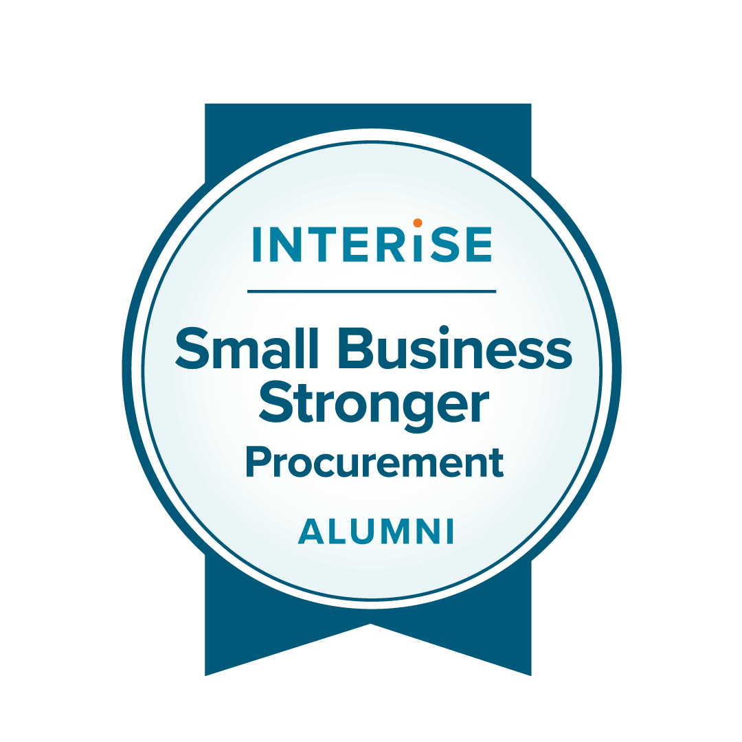 A badge with the text 'INTERISE Small Business Stronger Procurement ALUMNI' in blue and orange, featuring a circular design and a ribbon at the bottom.