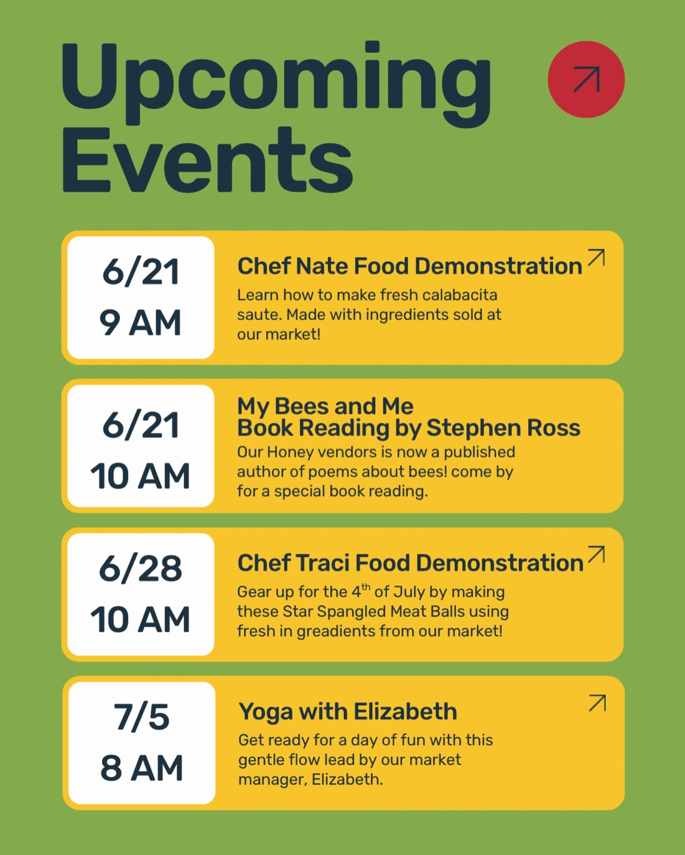 UPDATE🚨
We have some great additions to our markets coming up! Read about them⏬

1450 Old Gate Lane
Saturday 8-12pm

Stephen @rossrowdybee will read poems from his book &ldquo;My Bees and Me&rdquo;

Chef Nate from @the.sandcastle.kitchen will cook u