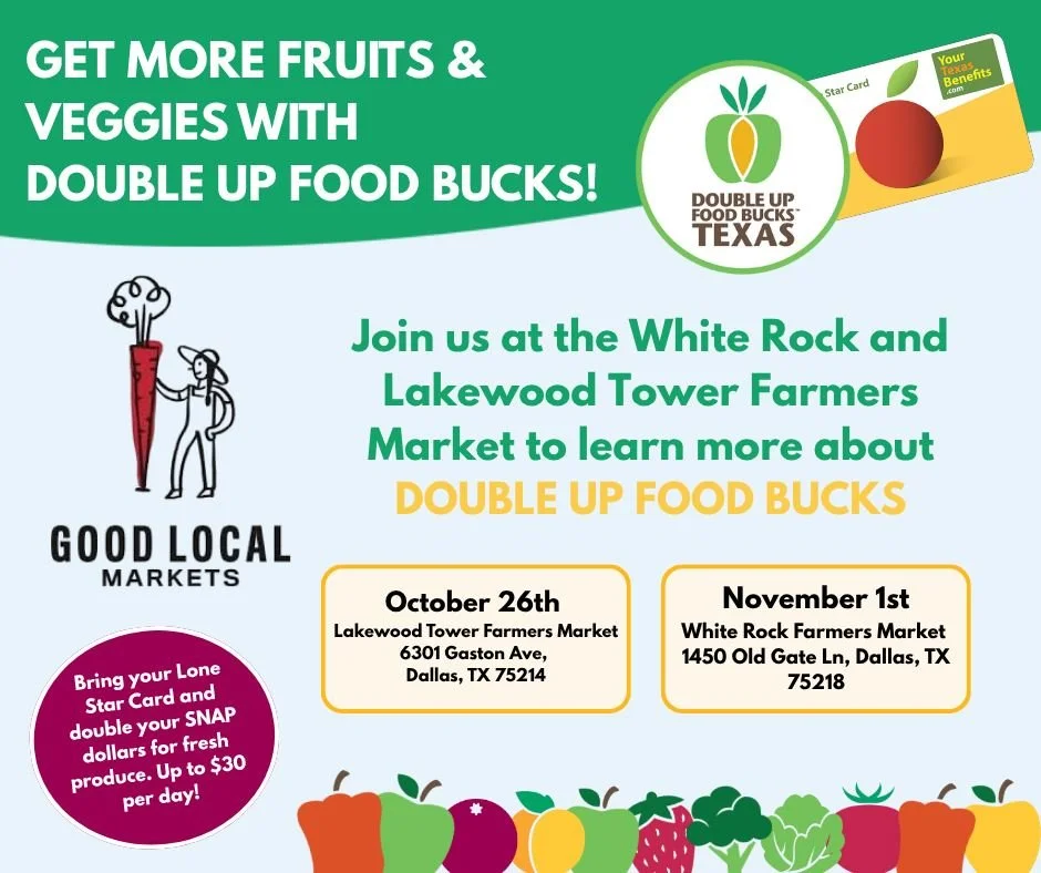 Did you know? 💡 Good Local Markets matches your SNAP dollars!
Through Double Up Food Bucks, every $1 spent on fresh local food doubles in value &mdash; making healthy, local options accessible to more families. 🍅

By sharing this program with your 