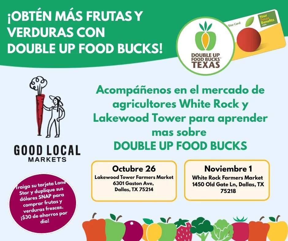&iquest;Sab&iacute;as esto? 💡 &iexcl;Good Local Markets duplica tus d&oacute;lares SNAP!
Con el programa Double Up Food Bucks, cada $1 que gastas en comida local fresca se duplica &mdash; haciendo que los alimentos saludables y locales sean m&aacute