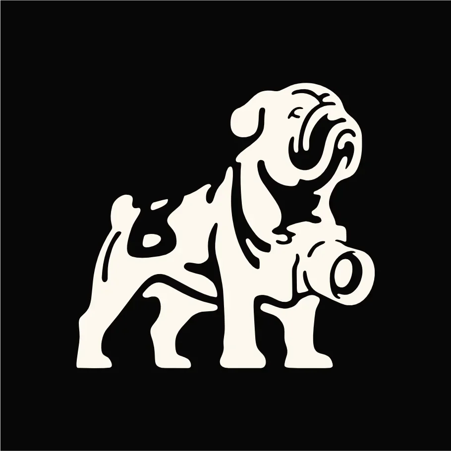 Stylized black and white illustration of a French Bulldog with a circular earring in its ear, set against a black background.