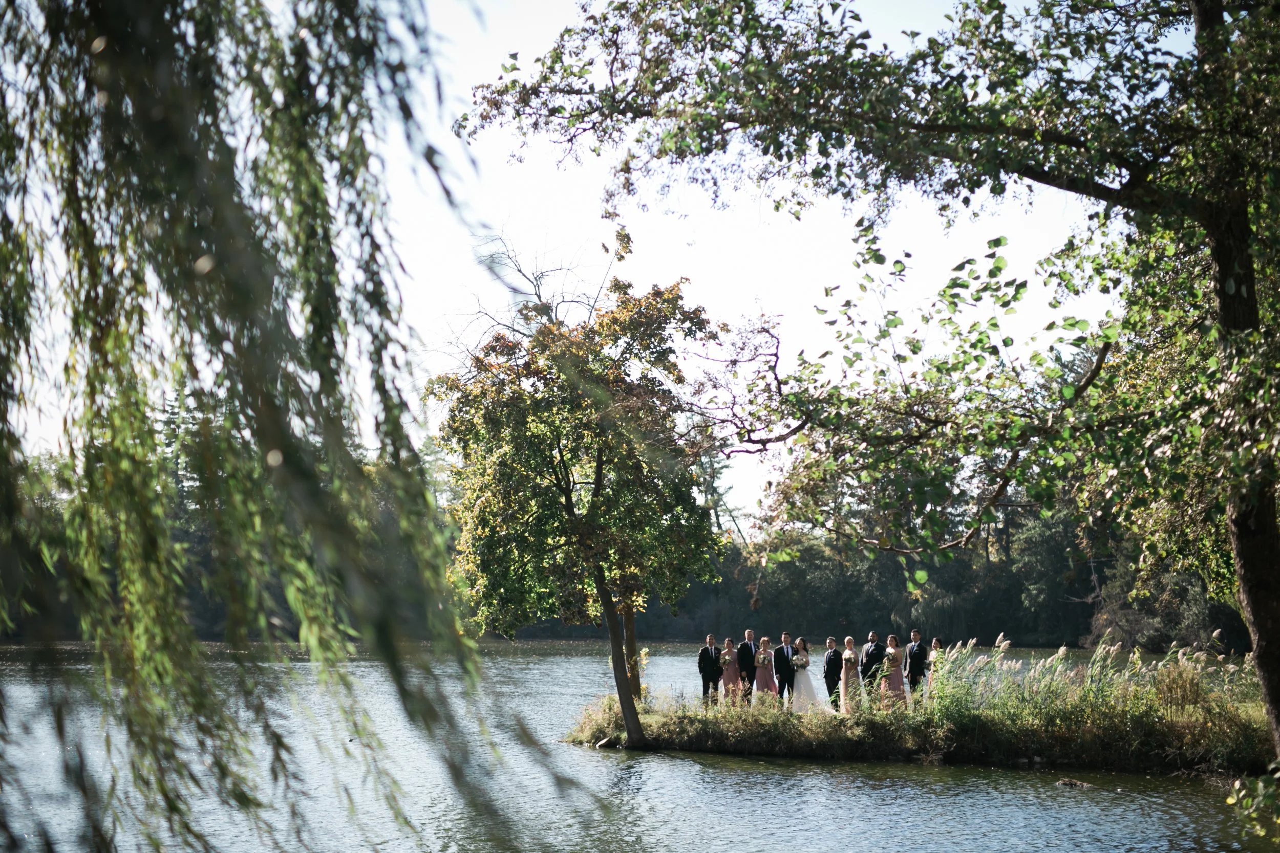 wedding party standing near a pond wedding photography sell packages