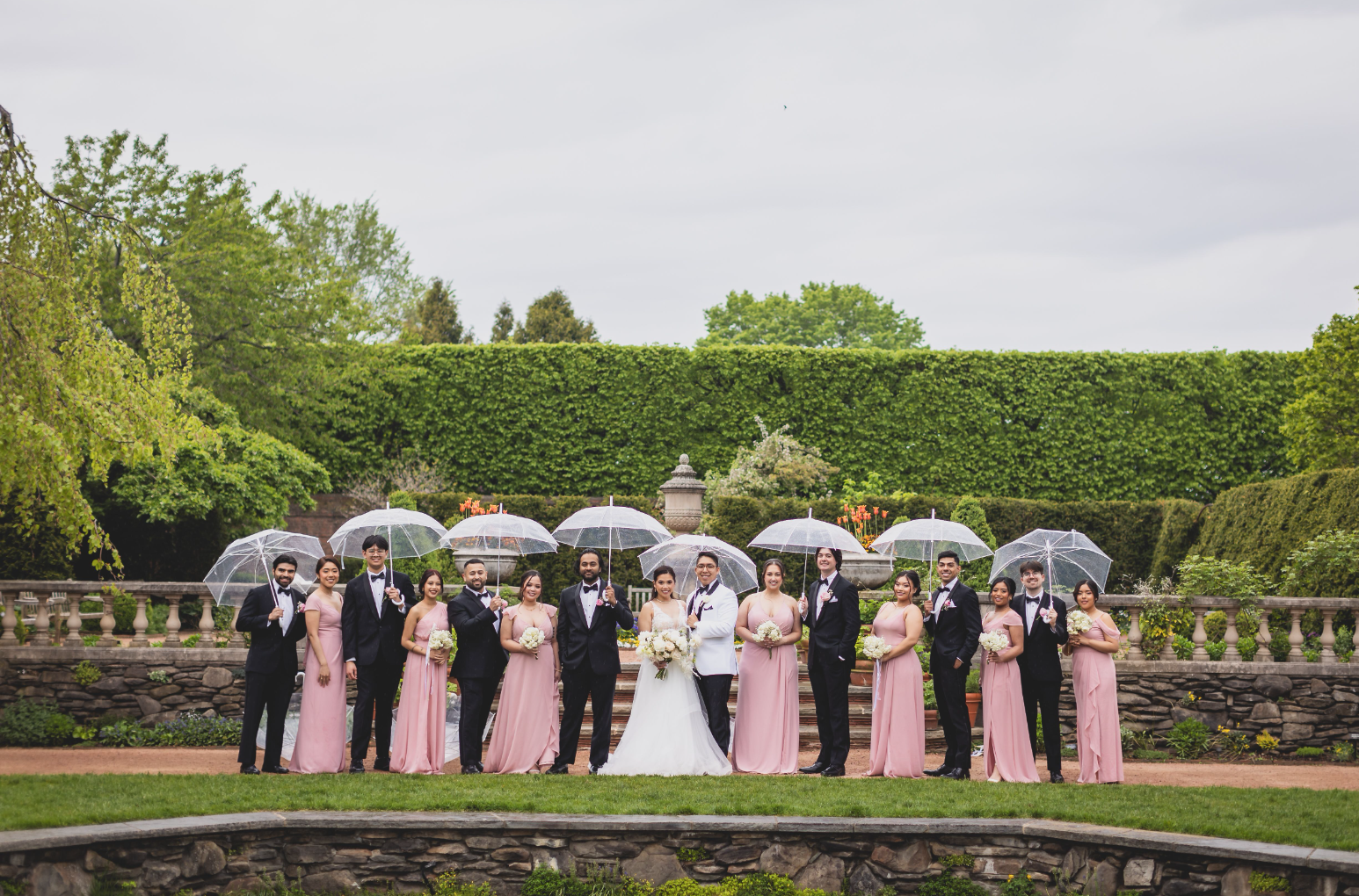 Wedding party posing outdoors, wearing formal attire, bride and groom at center, bridal party in pink dresses and black suits, holding clear umbrellas, greenery background.