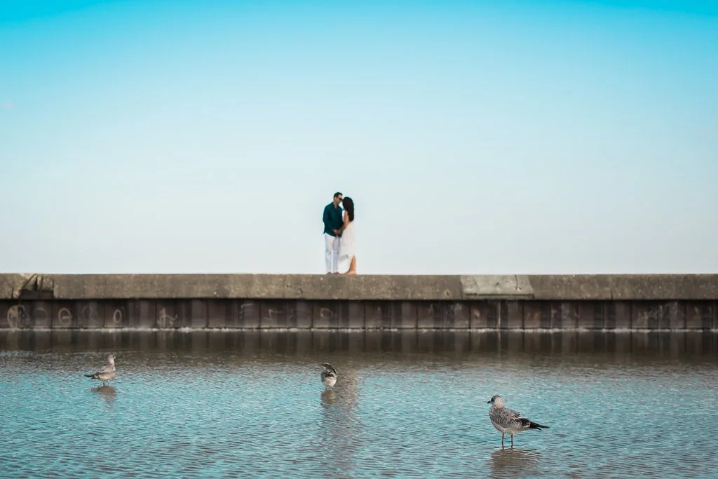 Couple kissing on a pier above water, with seagulls in the foreground and a clear blue sky.