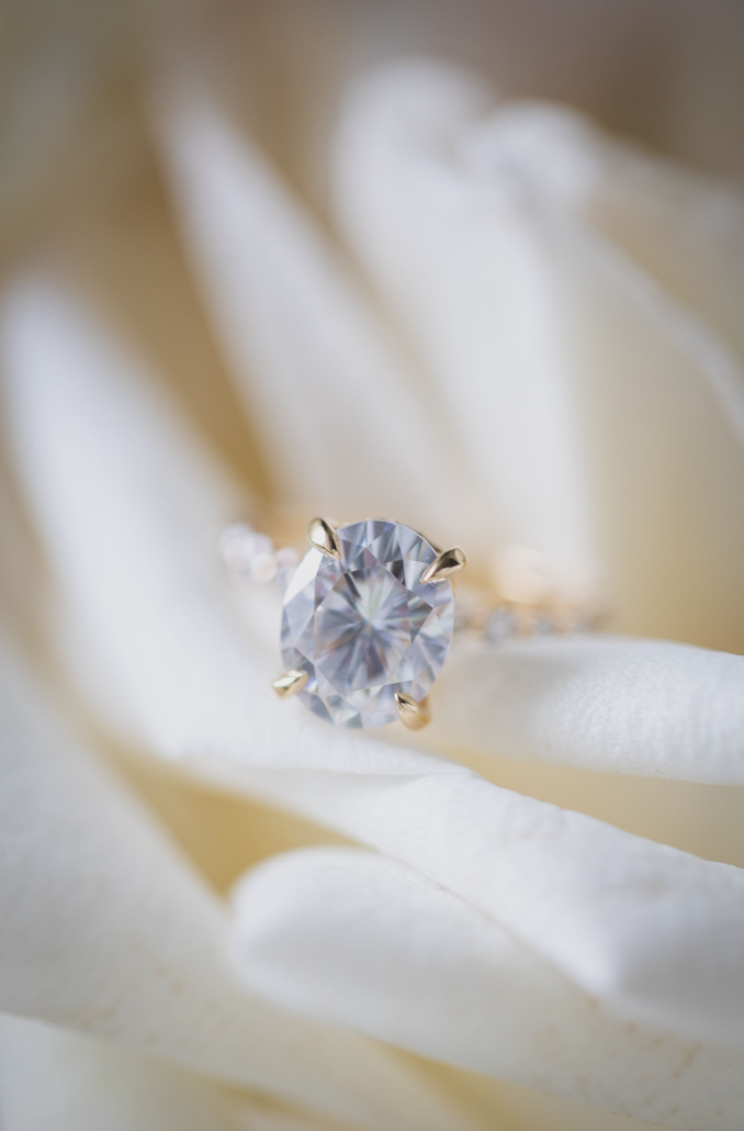 Close-up of a diamond ring on white petals