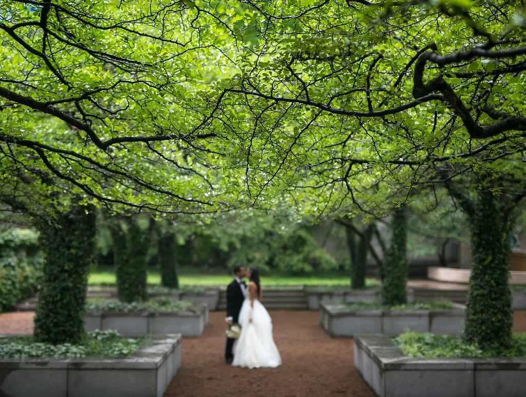 Wedding couple in a garden, surrounded by lush green trees with sunlight filtering through the leaves.