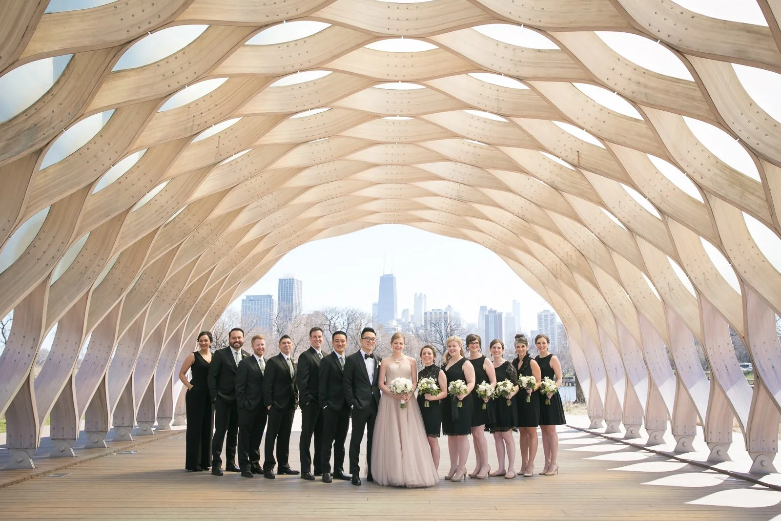 bridal party portrait in chicago lincoln park pond wedding photography