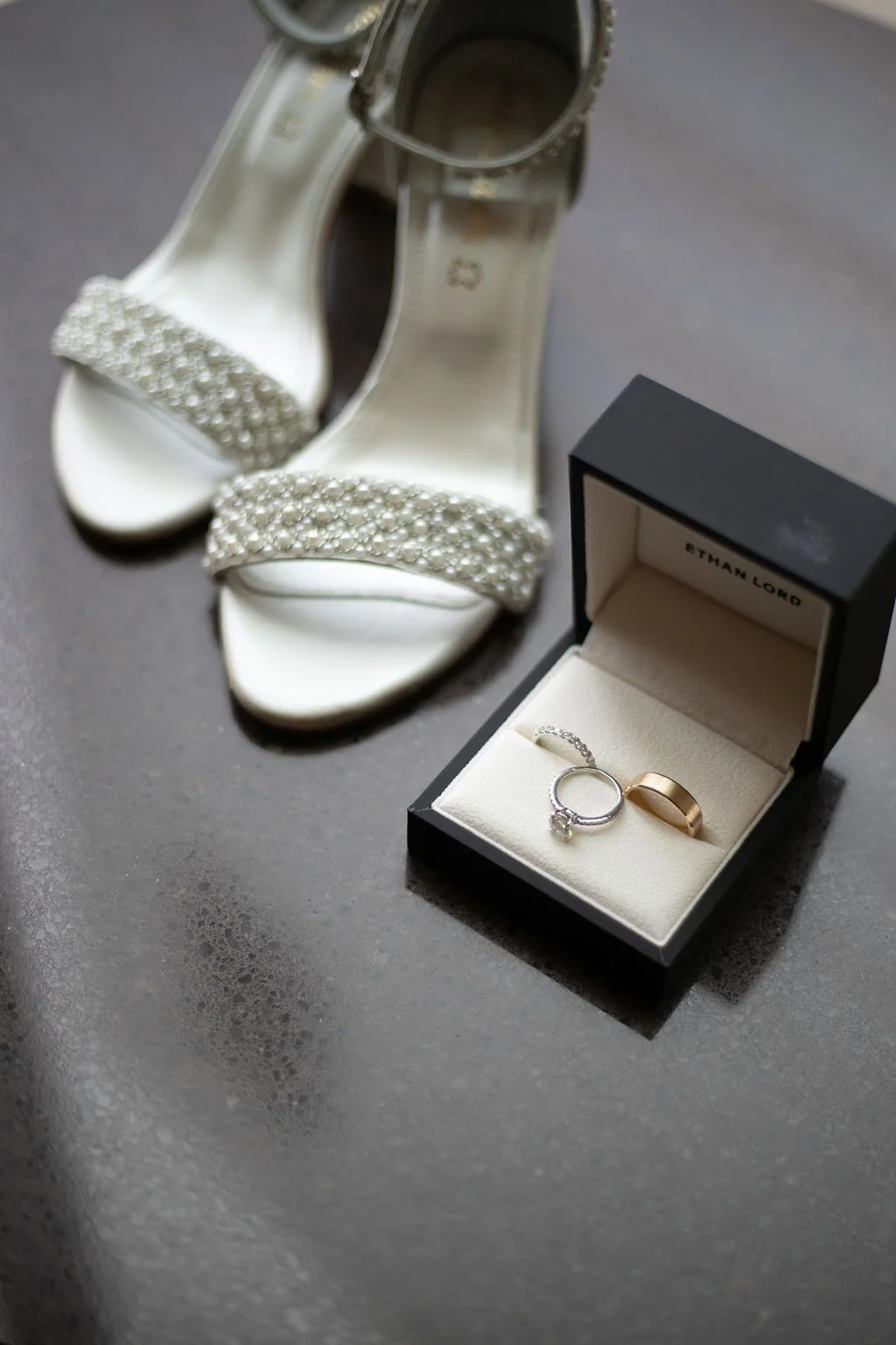 Shoes and rings bridal prep photography in downtown Chicago