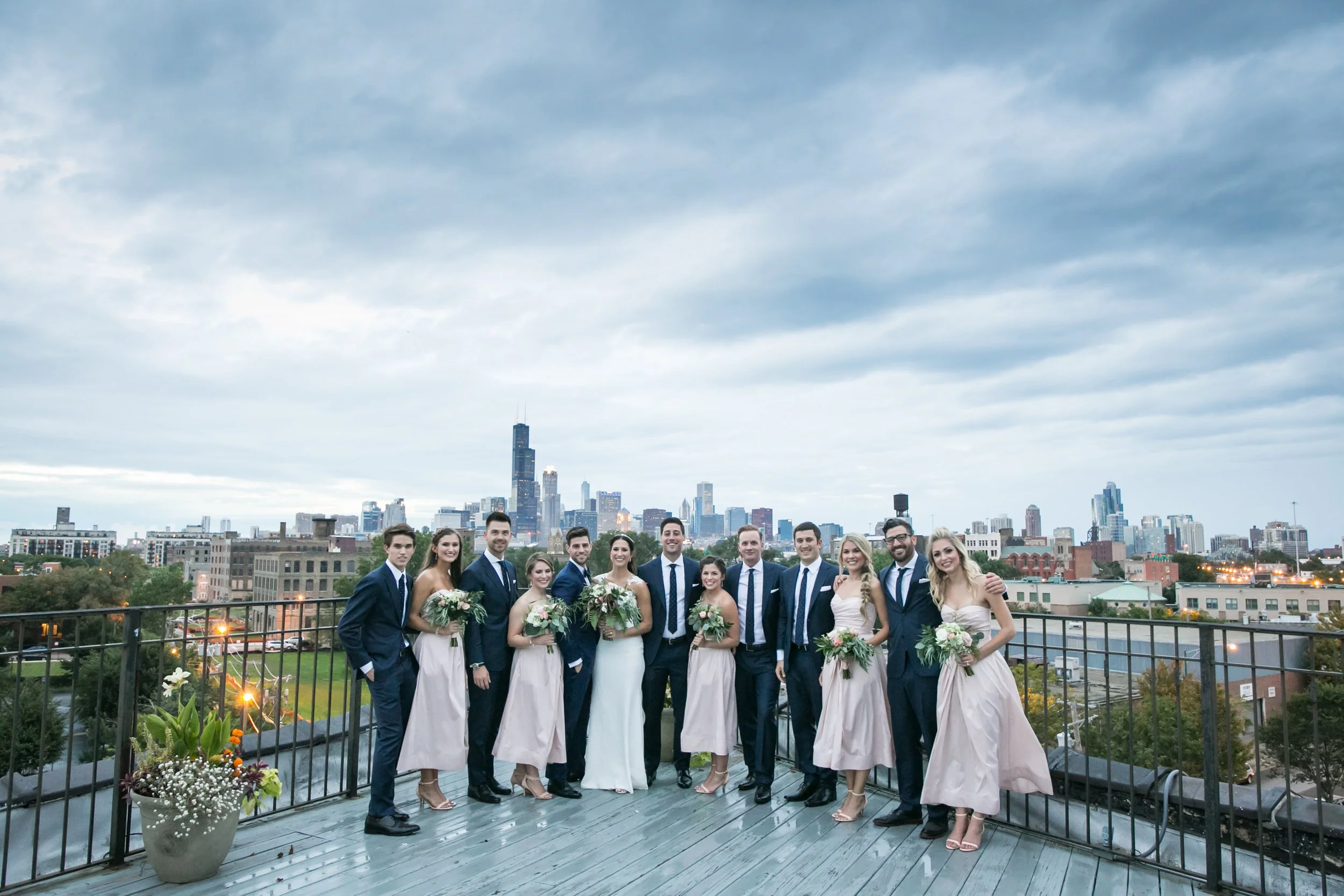 bride and groom bridal party rooftop Chicago skyline wedding photographer near me 