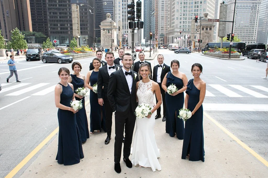 Full bridal party wedding photography Downtown Chicago near the Wrigley building