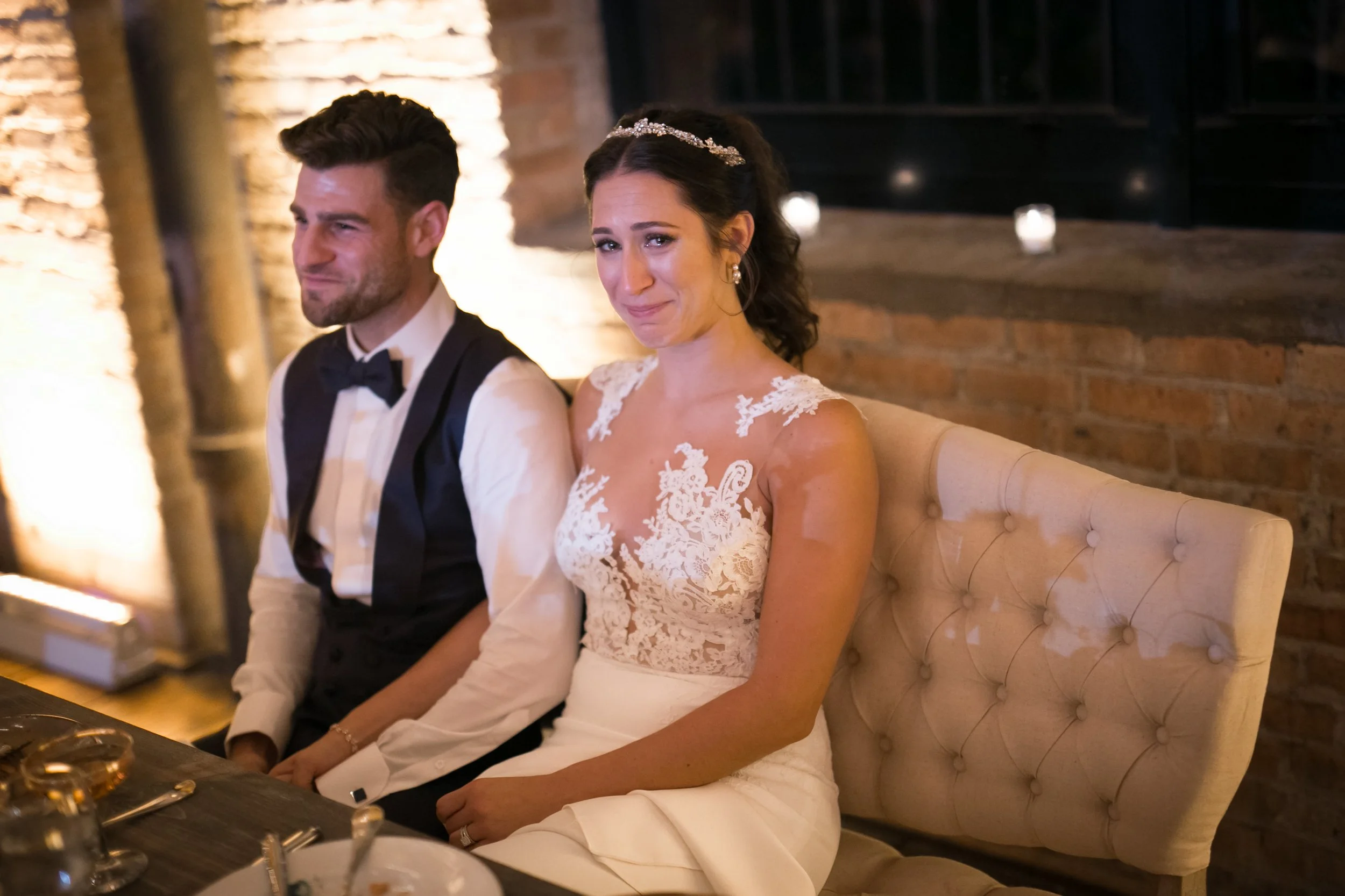 bride crying wedding reception Lacuna Artist Lofts wedding photographer near me
