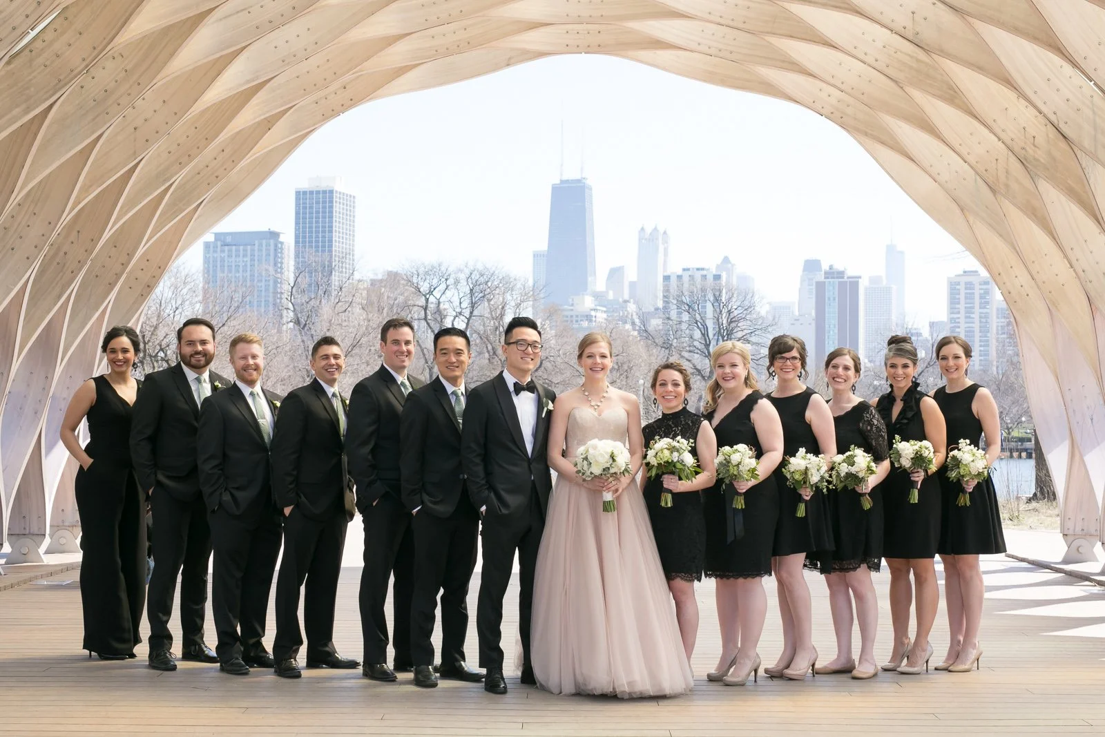 bridal party portrait in chicago lincoln park pond wedding photography