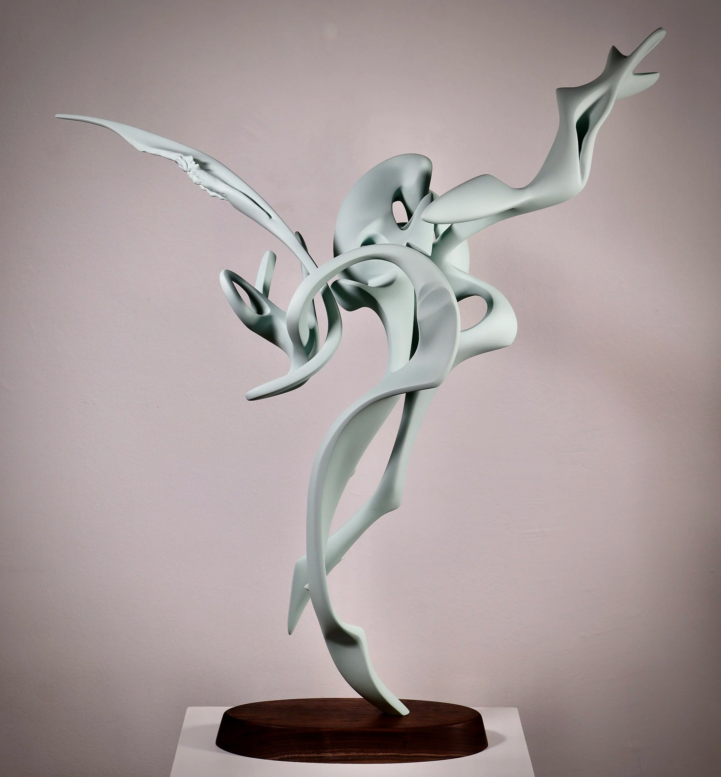 Chrysalis, steel & resin, w/black walnut base, 31h x 27w x 11in