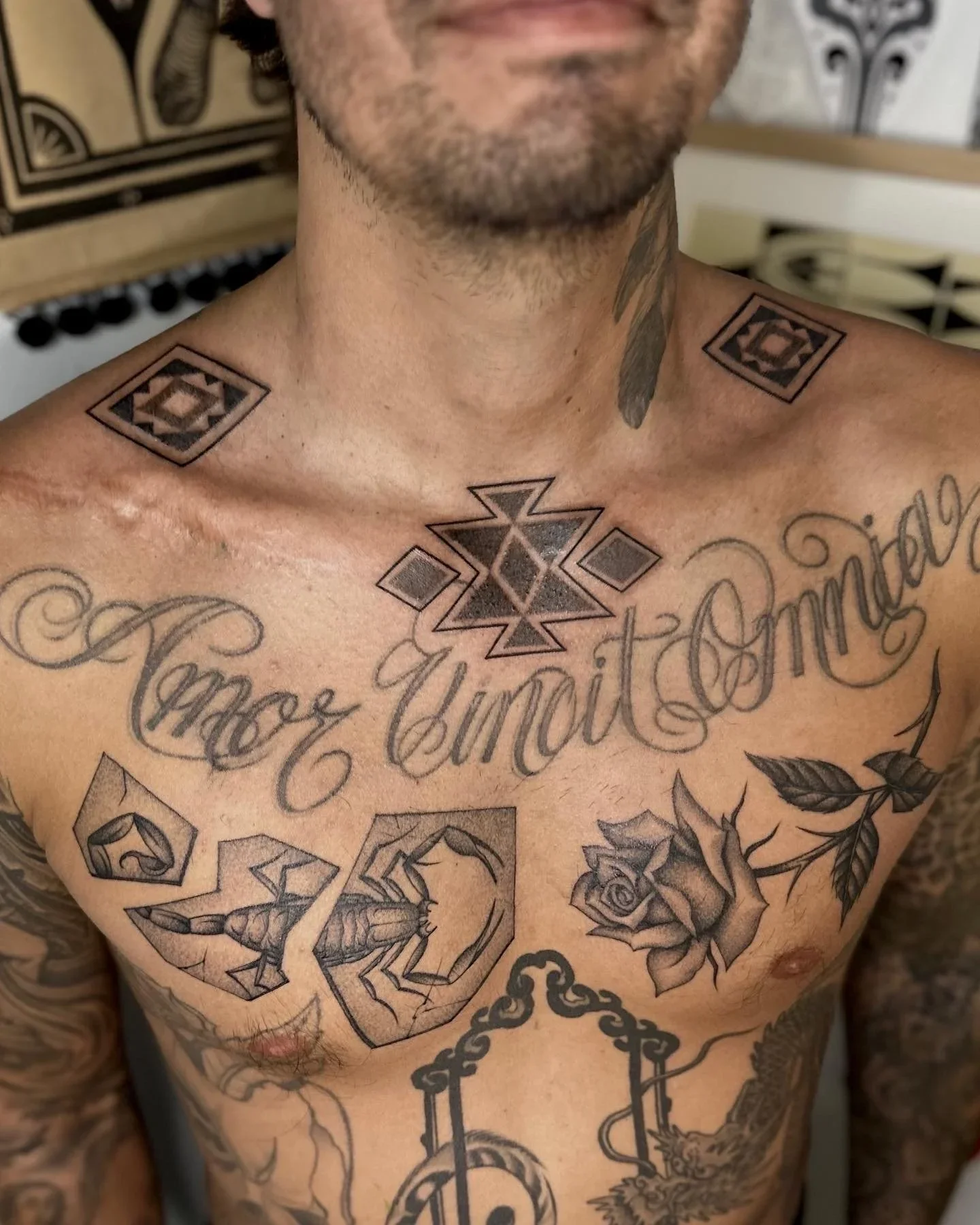 Tattoos on a person's chest and shoulders, including geometric designs, script text, roses, insects, a diamond shape, and various decorative elements.