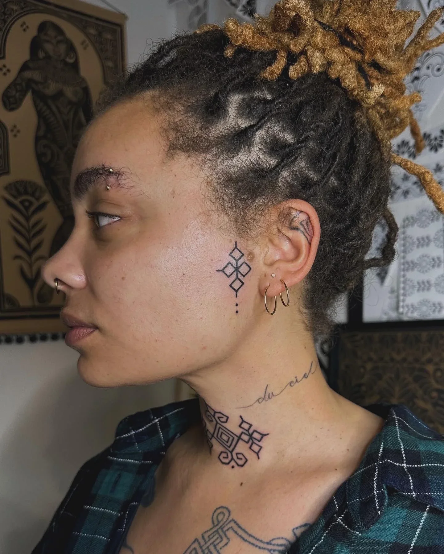 A person with natural curly and dreadlocked hair, facial tattoos, multiple facial piercings including a nose ring and eyebrow studs, wearing a plaid shirt, with decorative wall art in the background.