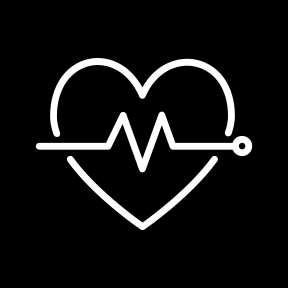 A white heart with an electrocardiogram line running through it on a black background.
