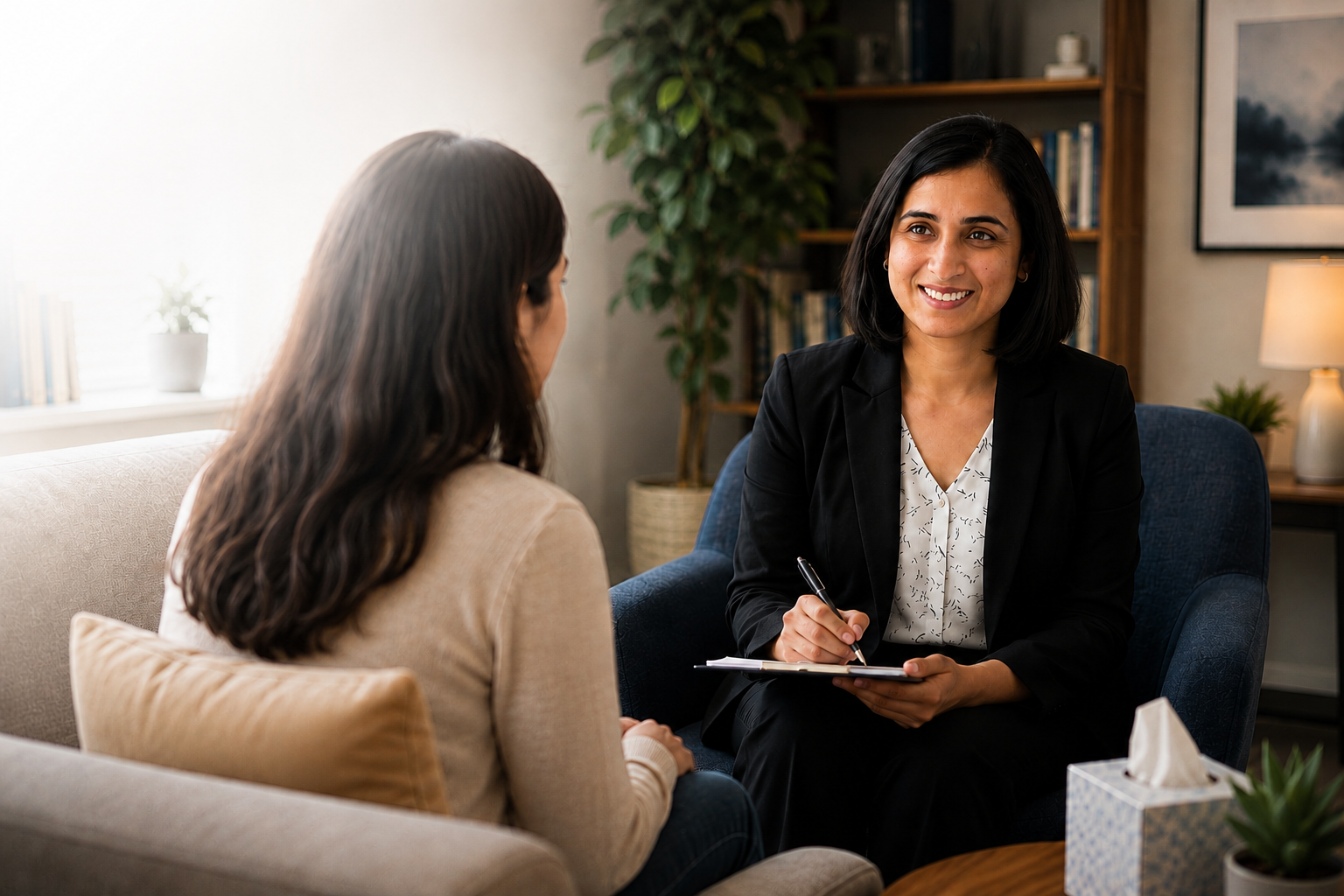A woman with dark hair and a black blazer smiling during a therapy or counseling session with another woman in a cozy, well-decorated office.