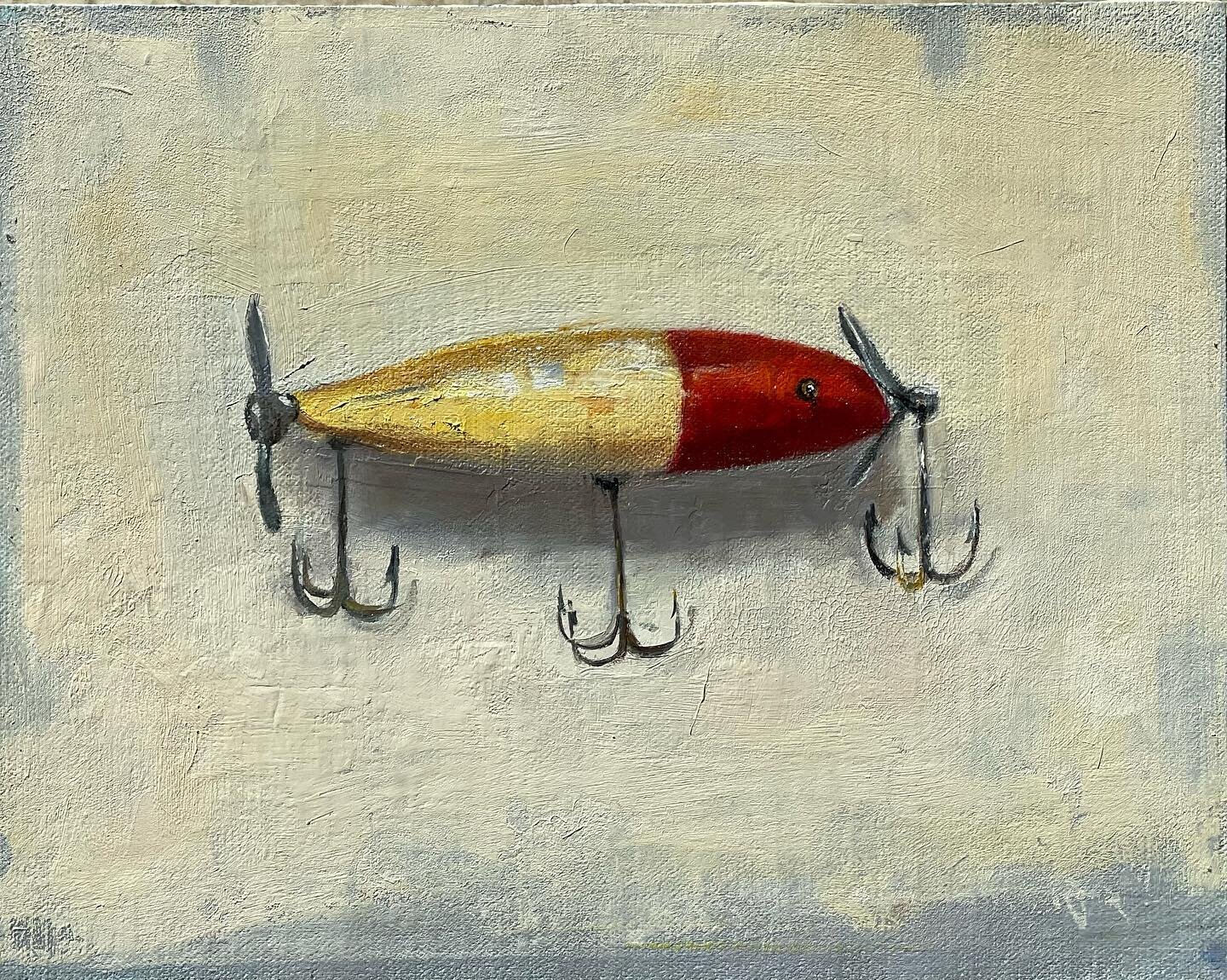 It&rsquo;s been an entire year or maybe even more that this little vintage &lsquo;minnow&rsquo;fishing lure has been kicking around the  studio. When I&rsquo;m stuck I&rsquo;ll fool around with a discarded painting. Circling the wagons. Reworking, re