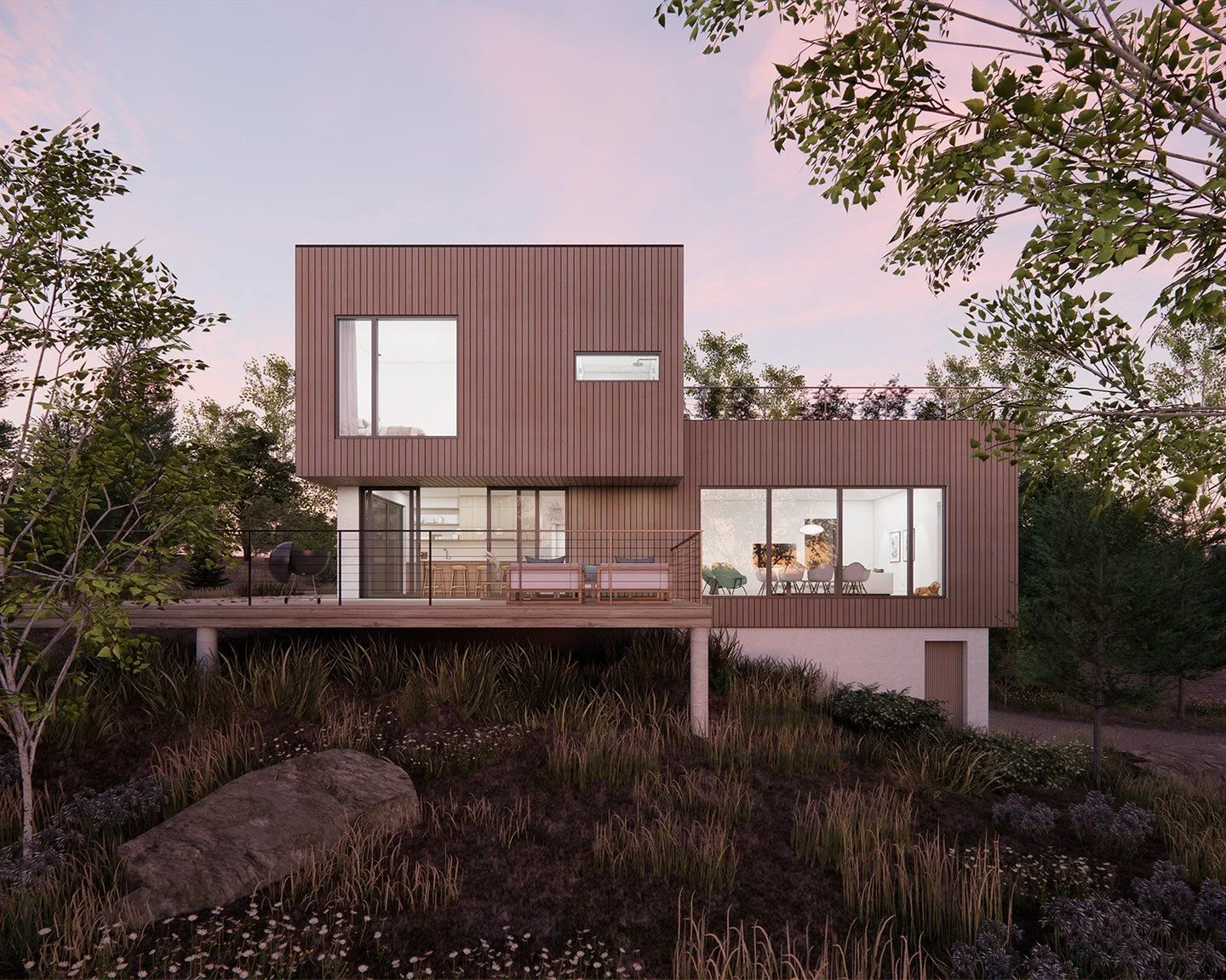 The Columbia County Home was designed around one idea: the Berkshires are the room. Large frameless windows don't just let light in &mdash; they make the landscape part of every interior moment. The house is transparent by intention. You can see stra