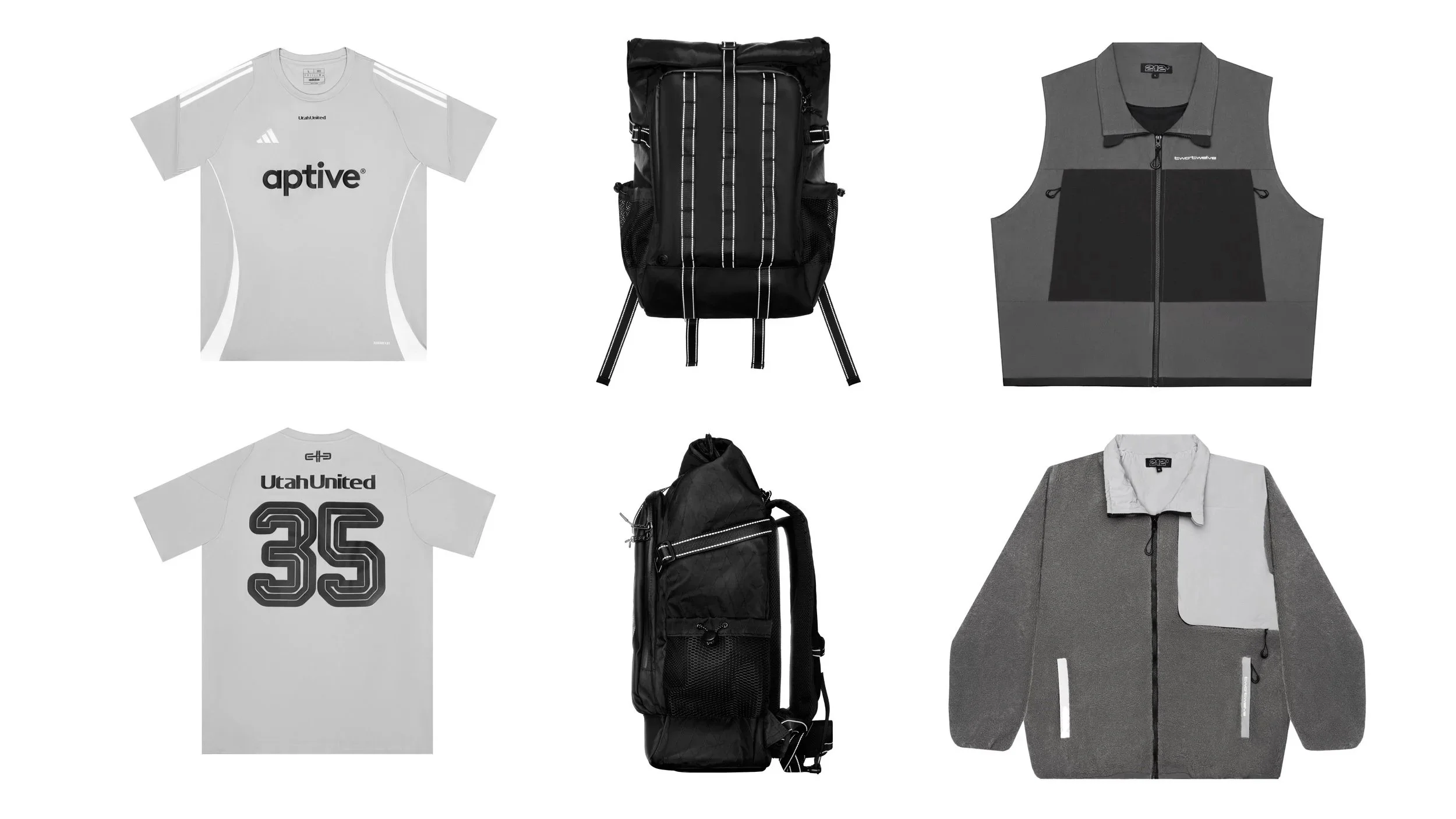 Six items of clothing and accessories: two white sports jerseys with black lettering from Utah United, one gray and black sleeveless vest, one black backpack, one gray and white jacket, and two black backpacks.