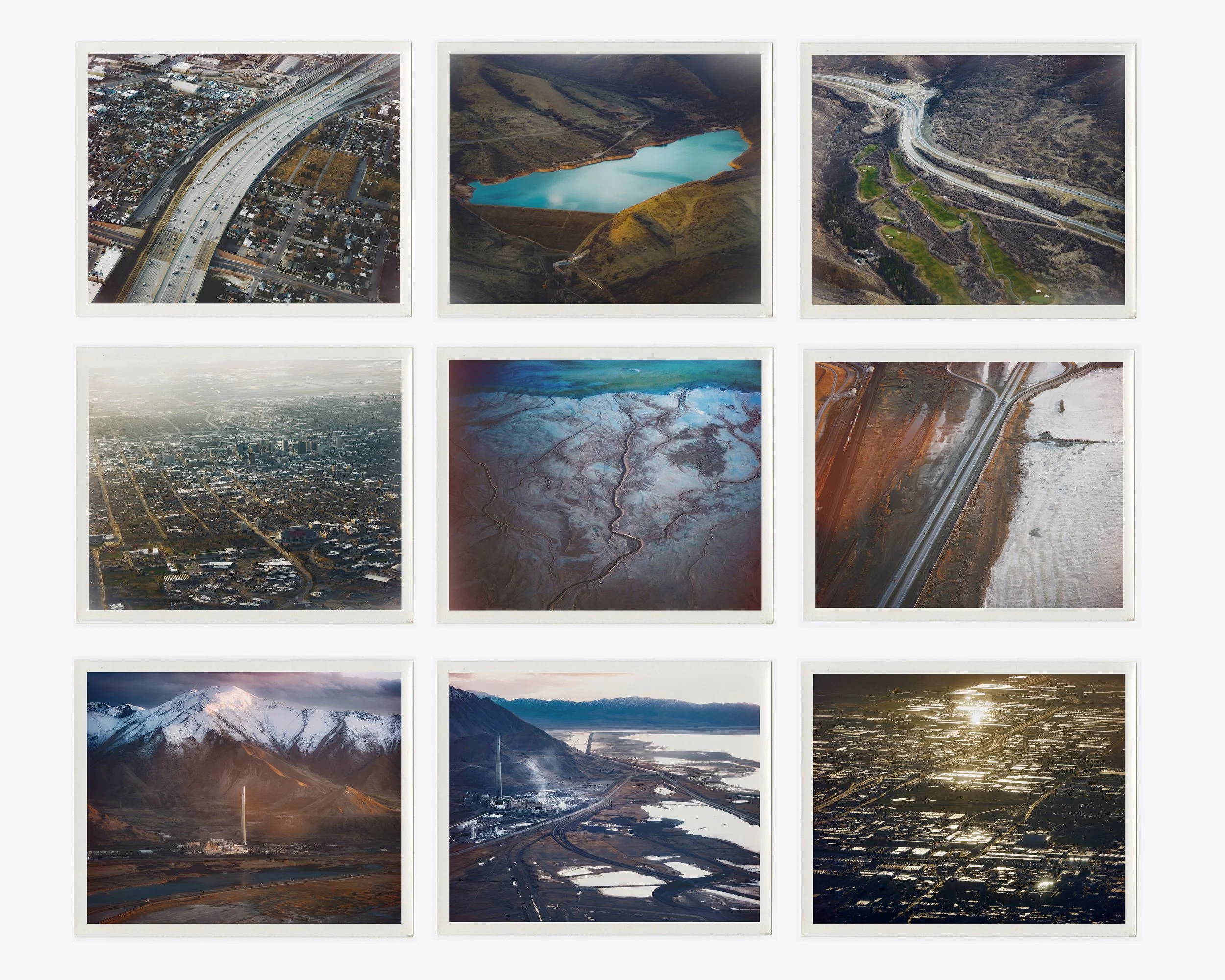 A collage of nine aerial photographs showing various landscapes including cityscapes, mountains, lakes, rivers, and highways.