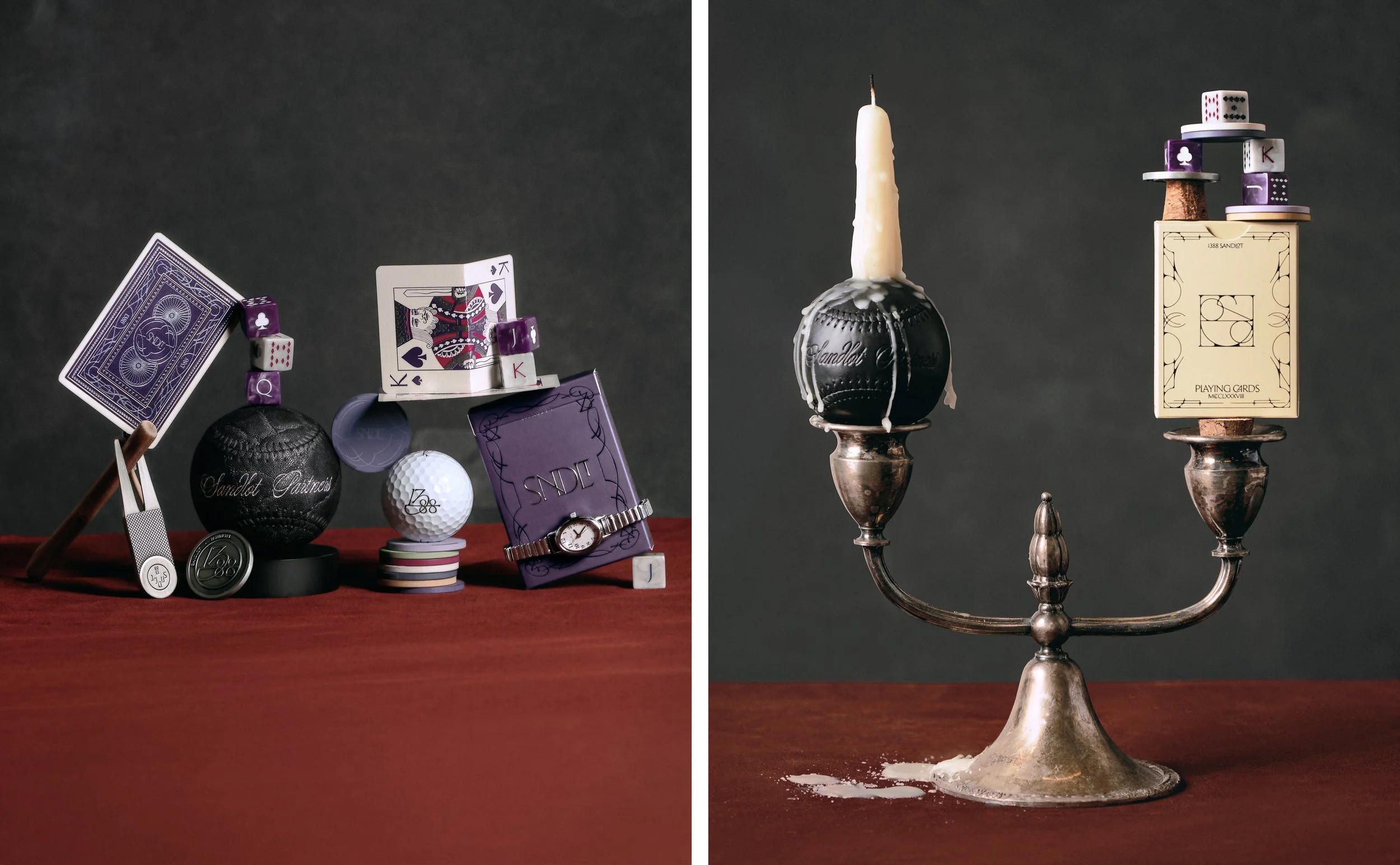 Side-by-side images of various objects. The left image shows playing cards, poker chips, a golf tee, a golf ball, a small box, and a watch on a red surface with a dark background. The right image depicts a vintage silver candlestick holder with a bla