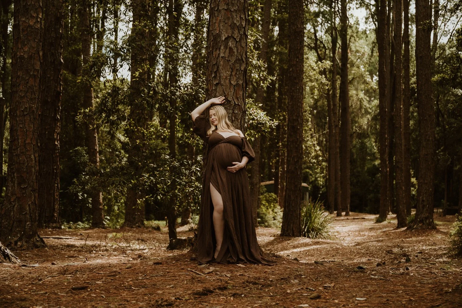 Pregnant woman leaning against large tree in forest