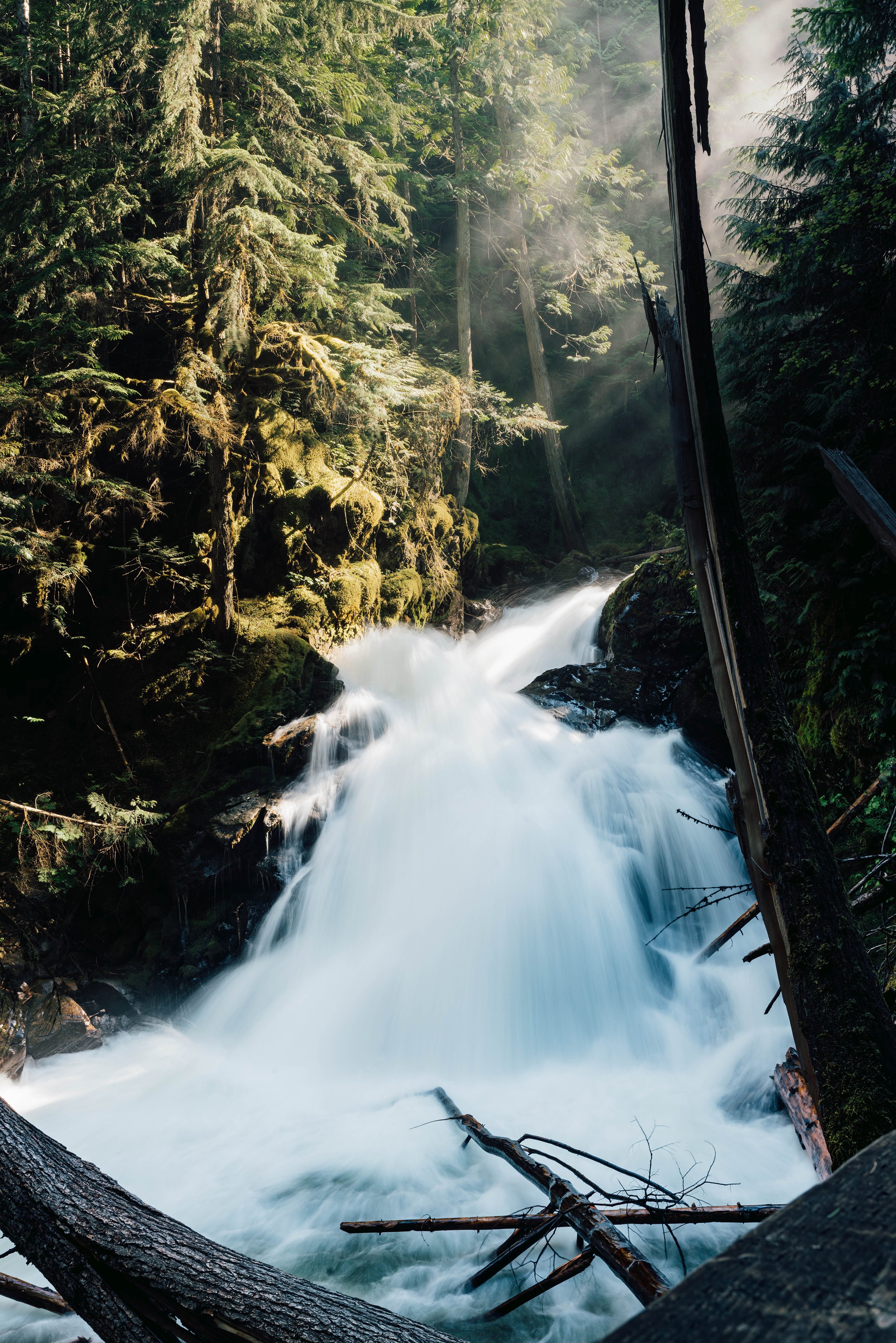 A waterfall in Idaho with sunbeams shining through the trees