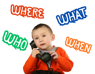 A young boy holding an old-fashioned black telephone, with colorful text around him reading 'WHERE,' 'WHAT,' 'WHO,' and 'WHEN.' talk to your child about who to call- 9-1-1, know their name, address,  phone number. Don't hang up