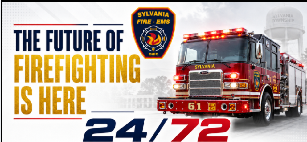 A promotional graphic for Sylvania Fire & EMS featuring a red fire truck with emergency lights, the Sylvania Fire & EMS emblem, and text stating "The Future of Firefighting is Here" and "24/72" hours. highlighting new schedule  24 hours on 72 off