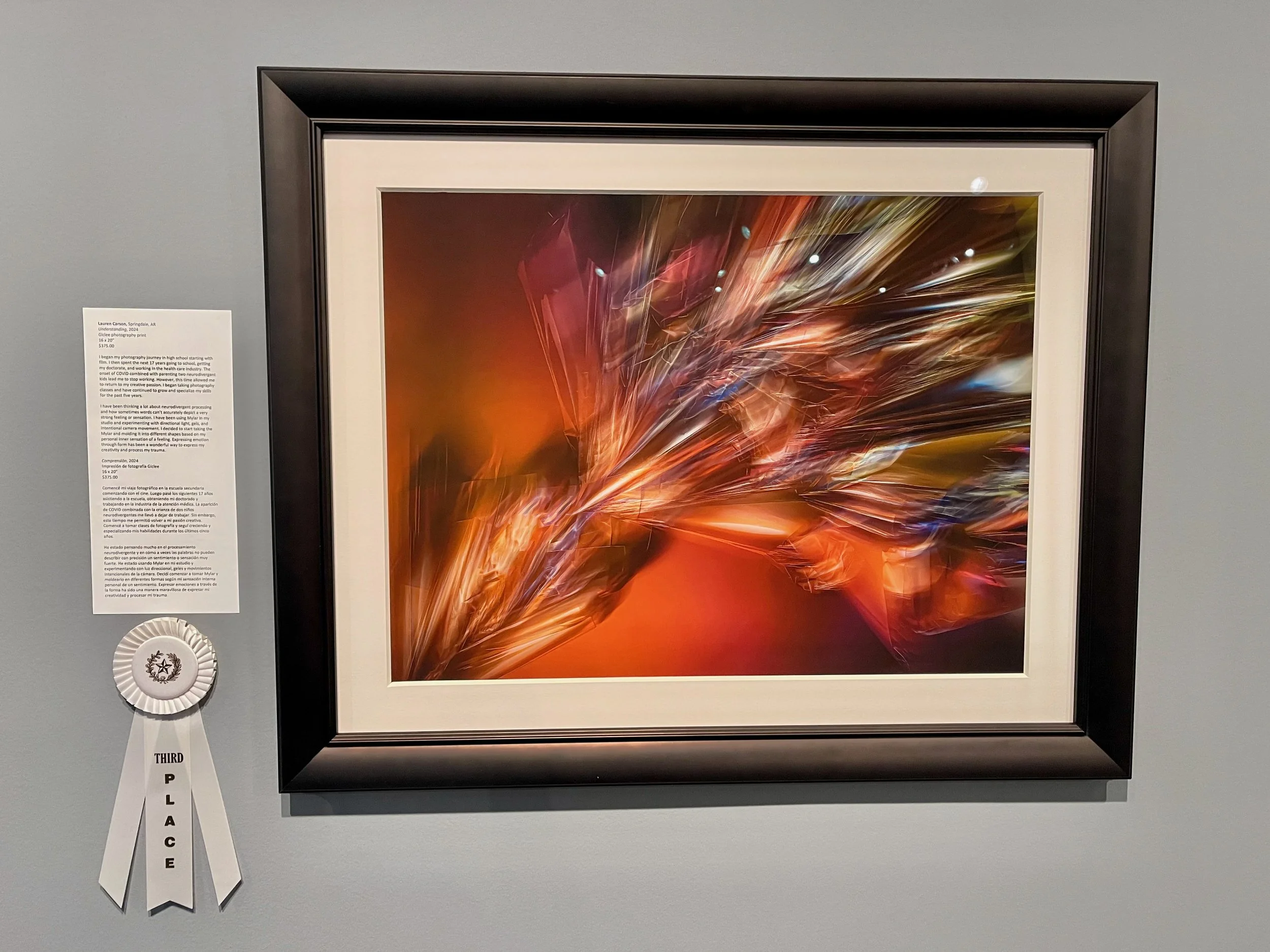 Abstract digital art with fiery orange, red, and purple streaks and sparkles in a black frame displayed at an art gallery, with a third place ribbon and description plaque nearby.