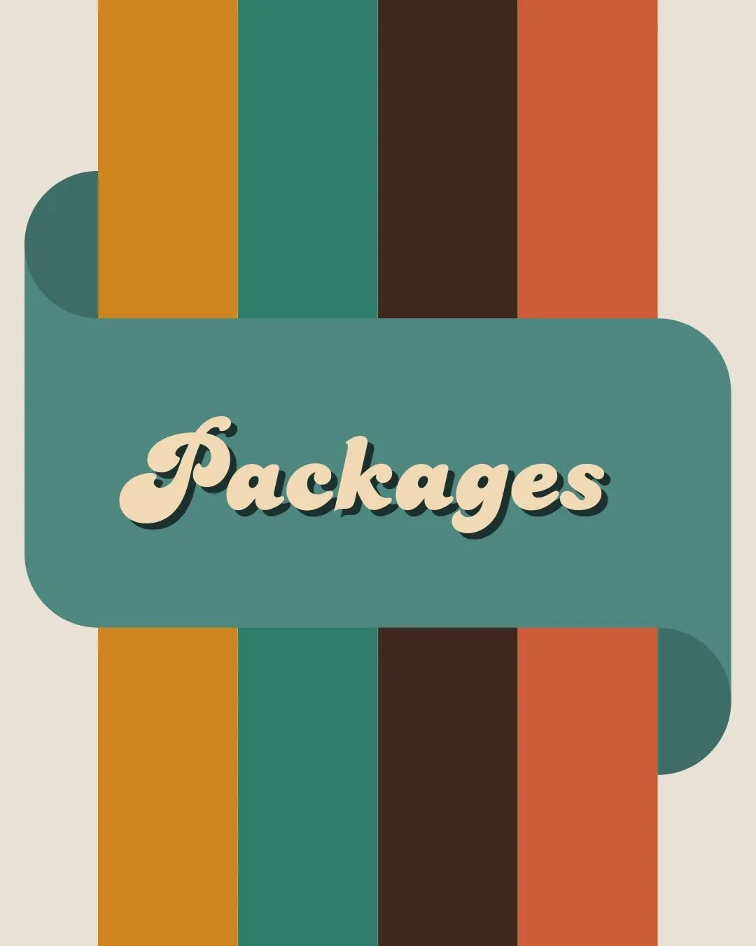 Vintage-style graphic with the word 'Packages' in a beige 3D font on a teal rounded rectangle background, surrounded by vertical stripes in mustard yellow, teal, dark brown, and burnt orange colors.