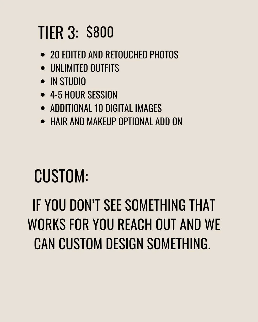 Pricing details and custom options for a photography package, including number of photos, in-studio sessions, digital images, and hairstyle/makeup add-ons.