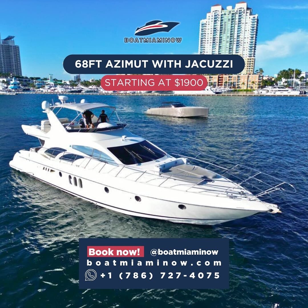 ⛵ 68FT AZIMUT WITH JACUZZI

What&rsquo;s included?

👨&zwj;✈️      Captain 

⛽️      Fuel 

🧊  Water and Ice 

🔊      Bluetooth Sound system

🛟  Floating Water Mat

Starting at $1900

Book it and check more on 
https://www.boatmiaminow.com/boats/6