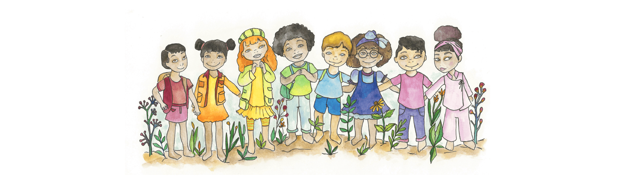 Illustration of eight diverse chakra colors dressed children standing in a row outdoors, holding hands, with plants growing in front of them, barefoot under the sun wild chakra kids coloring book