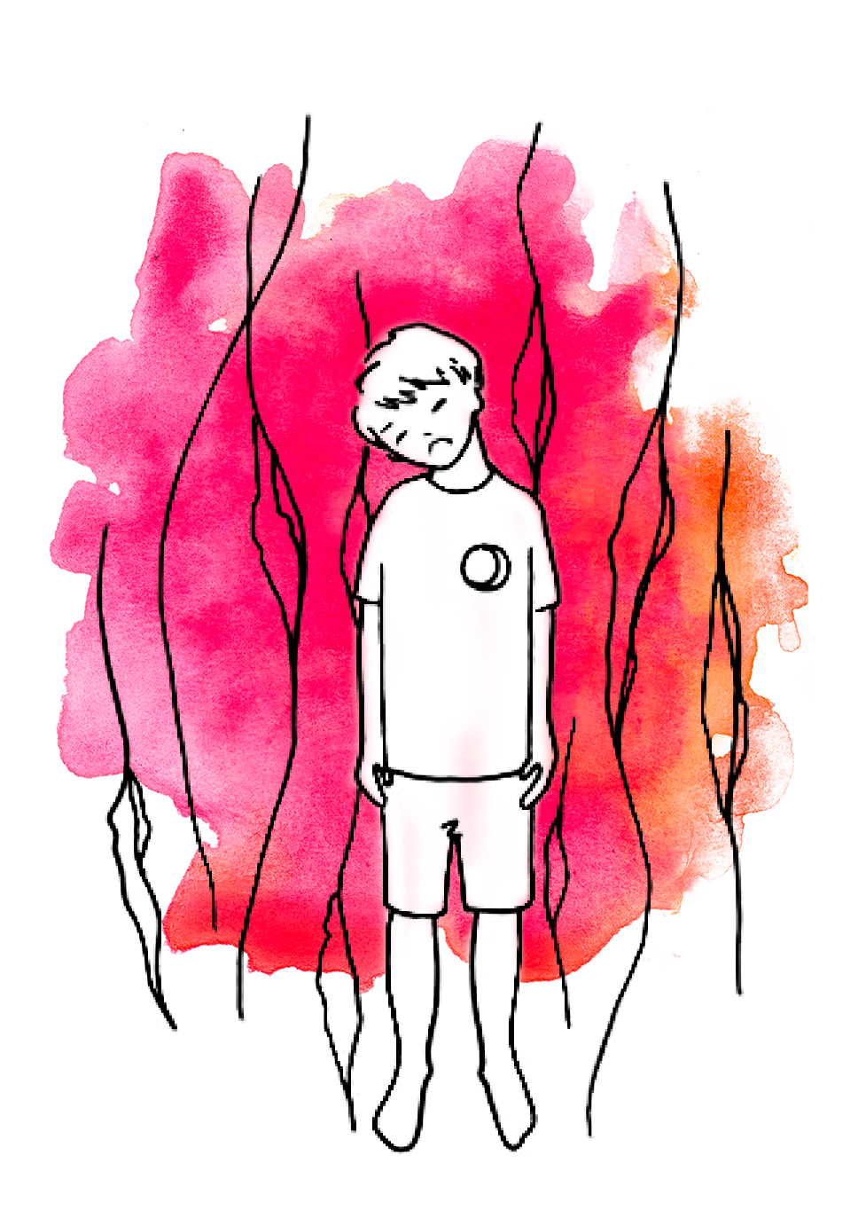 Wild Chakra Kids original watercolor from book,Line drawing of a young boy with a sad expression, standing against a pink and orange watercolor background, meant to repress our energy field when we ingest and think of things that lower our vibration.