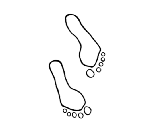 Outline drawing of a pair of feet barefoot on the earth connecting to the ground.