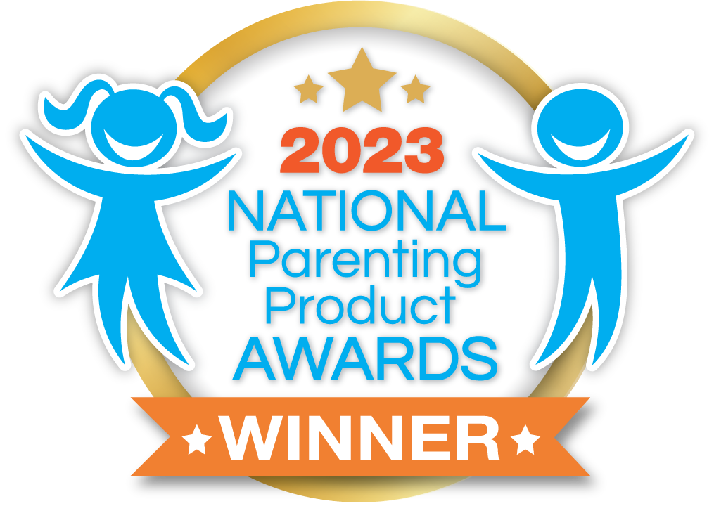 NationalAward Winner 2023 National Parenting Product Awards, featuring two blue cartoon children with outstretched arms, a gold star above, and a badge with the words "Winner" in orange.