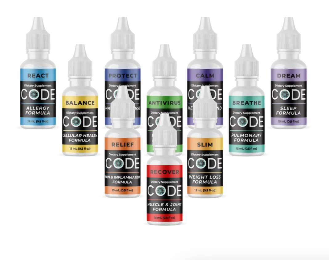 Collection of 10 dietary supplement bottles with colorful labels, each named after a different mental or physical health benefit such as React, Protect, Calm, Dream, Balance, Antivirus, Relief, Slim, Breathe, and Recover.