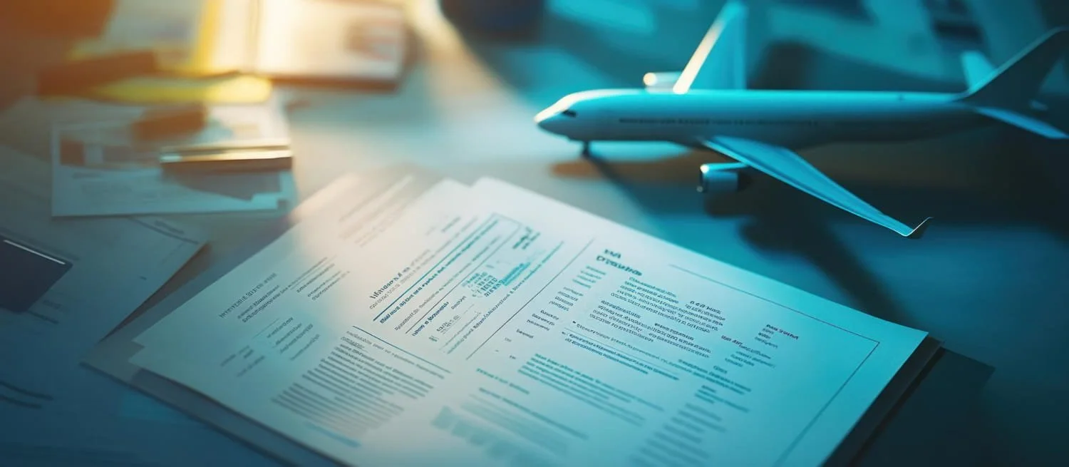 Corporate travel policy documents and airplane model