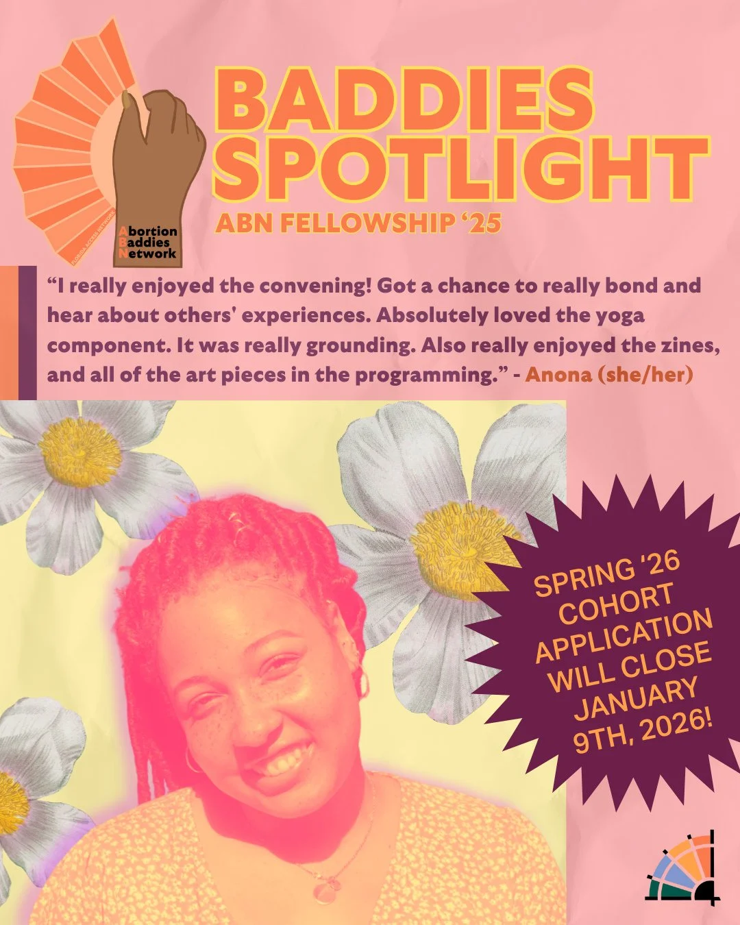There's two weeks left to apply to ABN and we're out here with another '25 cohort member spotlight with Anona (she/her)!⁠
⁠
&ldquo;I really enjoyed the convening! Got a chance to really bond and hear about others' experiences. Absolutely loved the yo
