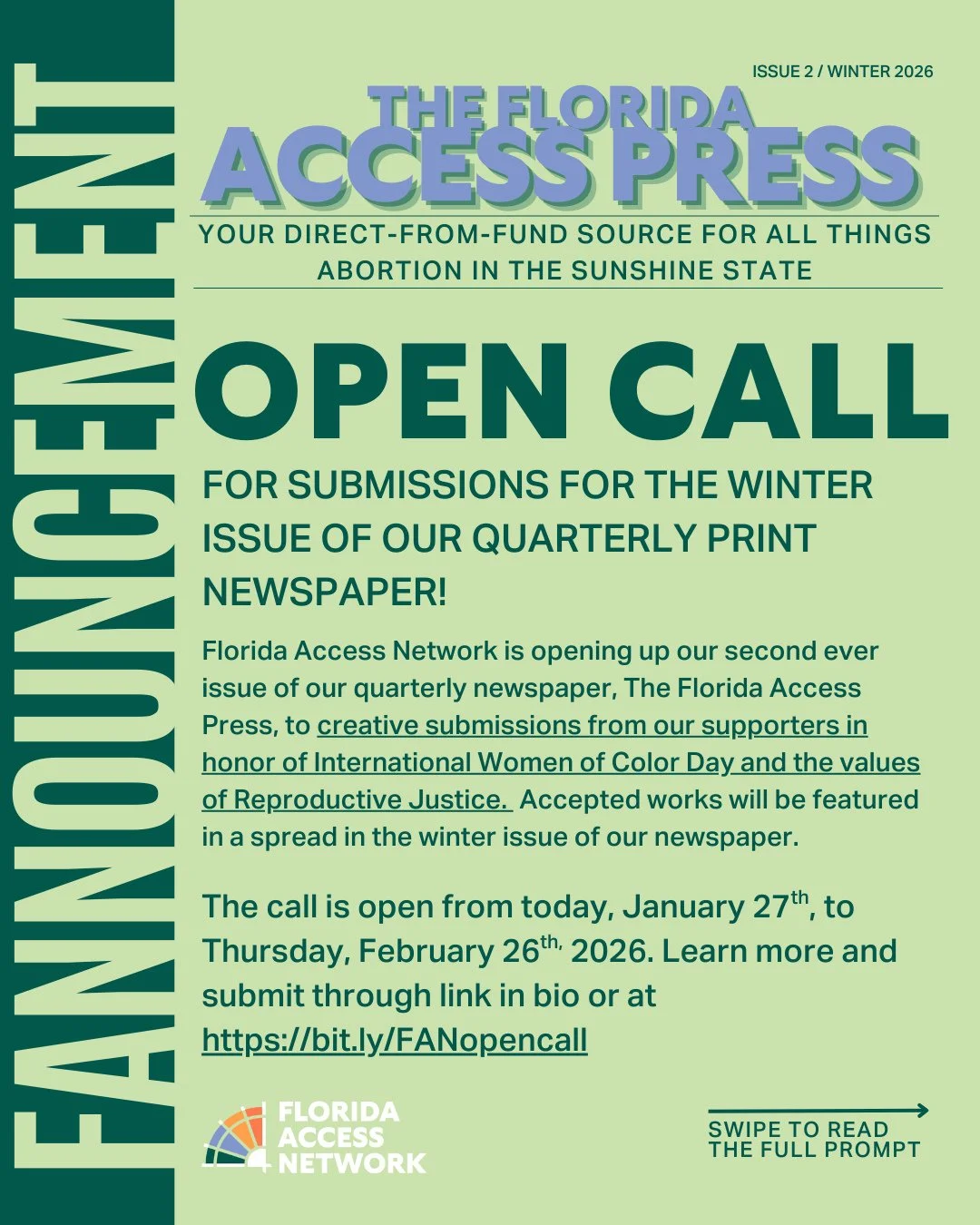 Florida Access Network is opening up our second ever issue of our quarterly newspaper, The Florida Access Press, to creative submissions from our supporters in honor of International Women of Color Day! Accepted works will be featured in a spread in 