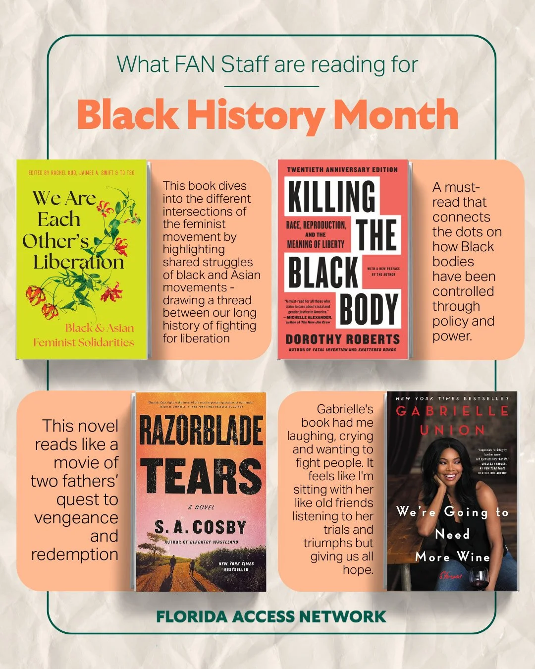 Swipe to see what our staff is reading for Black History Month. From romance to autobiographies, our staff is supporting Black authors not only this month, but every month. ⁠
⁠
Honorable mention: Homebodies by Tembe Denton-Hurst. "I really loved