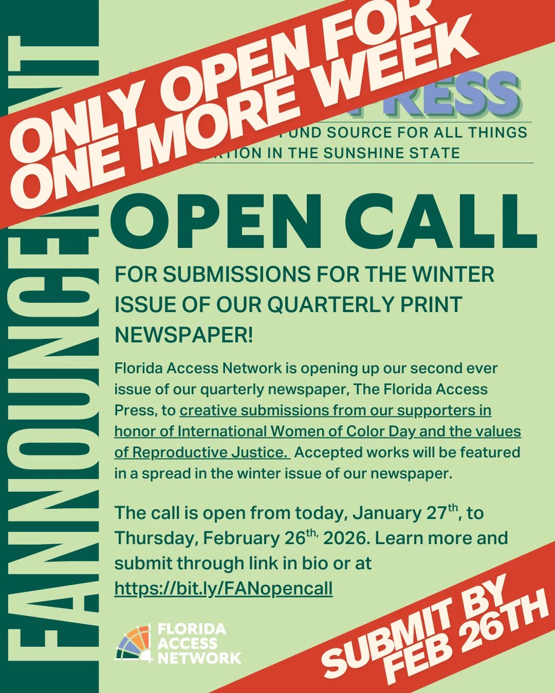 Only ONE WEEK left to apply to our quarterly print newspaper's open call! We're seeking creative submissions from our supporters in honor of International Women of Color Day! Accepted works will be featured in a spread in the winter issue of our news
