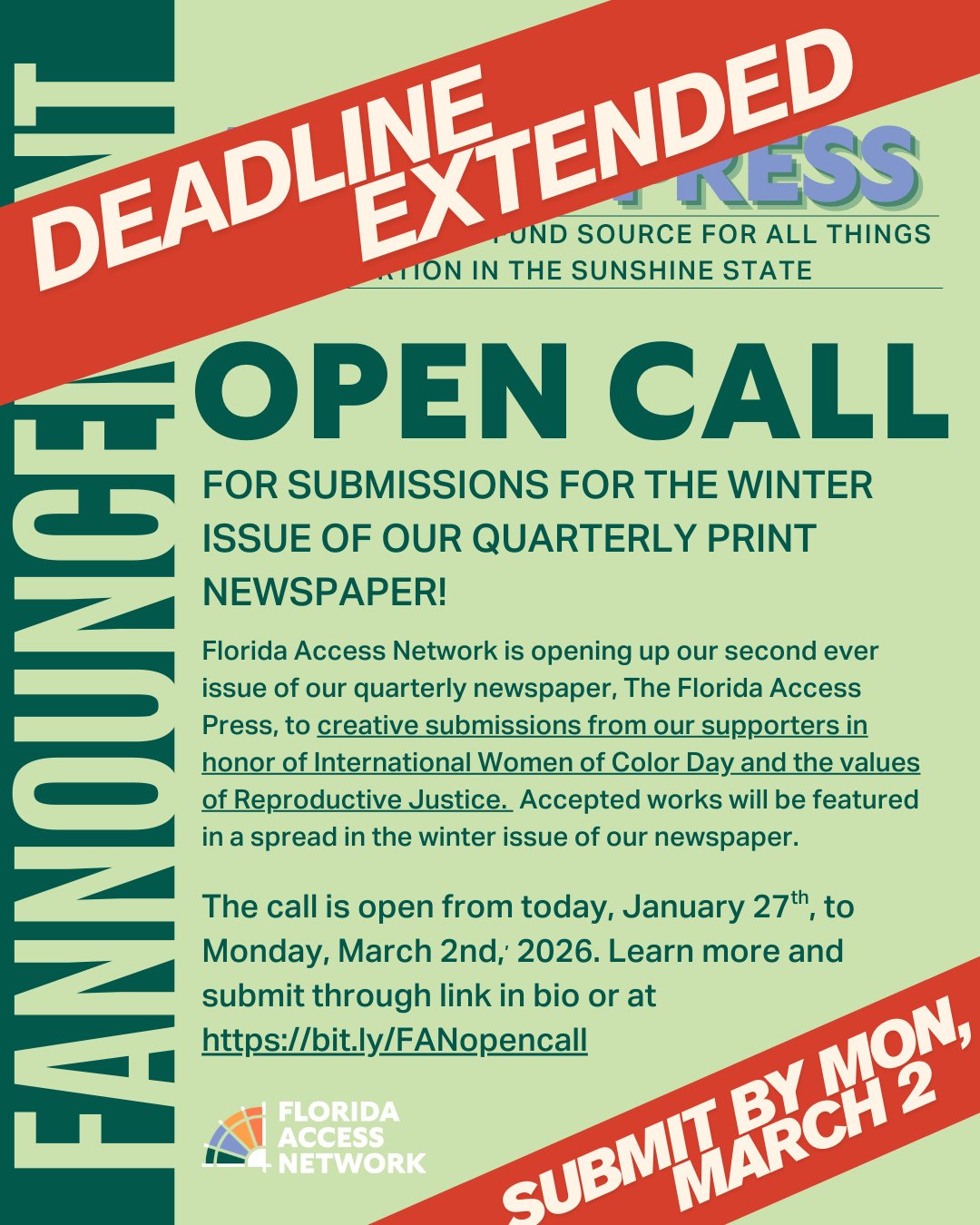 DEADLINE EXTENDED, FAN Fam! There's now 5 more days left to apply to our quarterly print newspaper's open call! We're seeking creative submissions from our supporters in honor of International Women of Color Day! Accepted works will be featured in a 