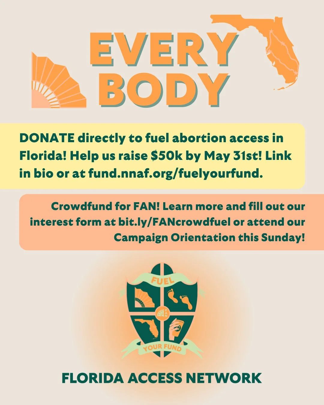 Every body can help fuel FAN to our $50,000 goal! DONATE directly to fuel abortion access in Florida through our link in bio or at fund.nnaf.org/fuelyourfund! Wanna throw down even more? RSVP for our Campaign Orientation happening this Sunday, April 