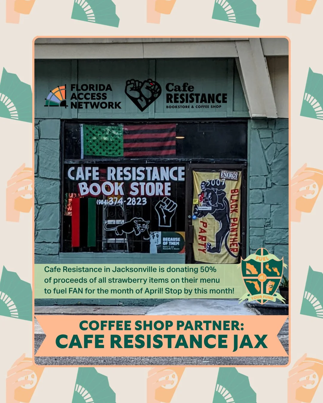Buy a lil treat and support abortion access all in one go! @caferesistance in Jacksonville is donating 50% of the proceeds of all strawberry items on their menu to fuel FAN for the month of April! Stop by this month to support a local Black-owned bus
