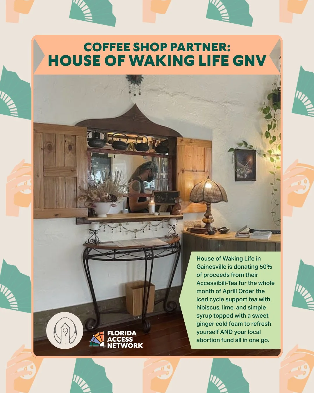 Refresh yourself and your local abortion fund when you stop by @houseofwakinglife in Gainesville and order their delicious Accessibili-Tea! Howl is generously donating 50% of proceeds from the iced cycle support tea with hibiscus, lime, and simple sy