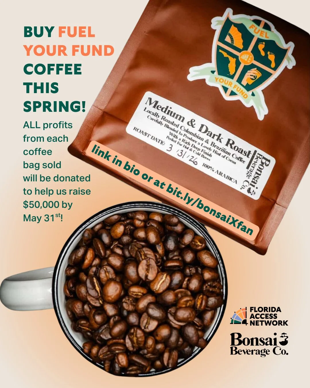 Have you bought your @bonsaibeverageco Fuel Your Fund coffee? 👀☕️🪭 ALL profits from each coffee bag sold will be donated to help us raise $50,000 by May 31st! Buy a one pound bag of Central &amp; South American blend of Colombian and Brazilian coff